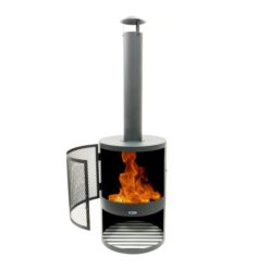 Der HEAT Hamar ist ein klassischer Terrassenofen aus pulverbeschichtetem Metall mit Funkenschutz, hohem Schornstein und praktischem Holzfach – ideal für romantische Wärme im Garten.