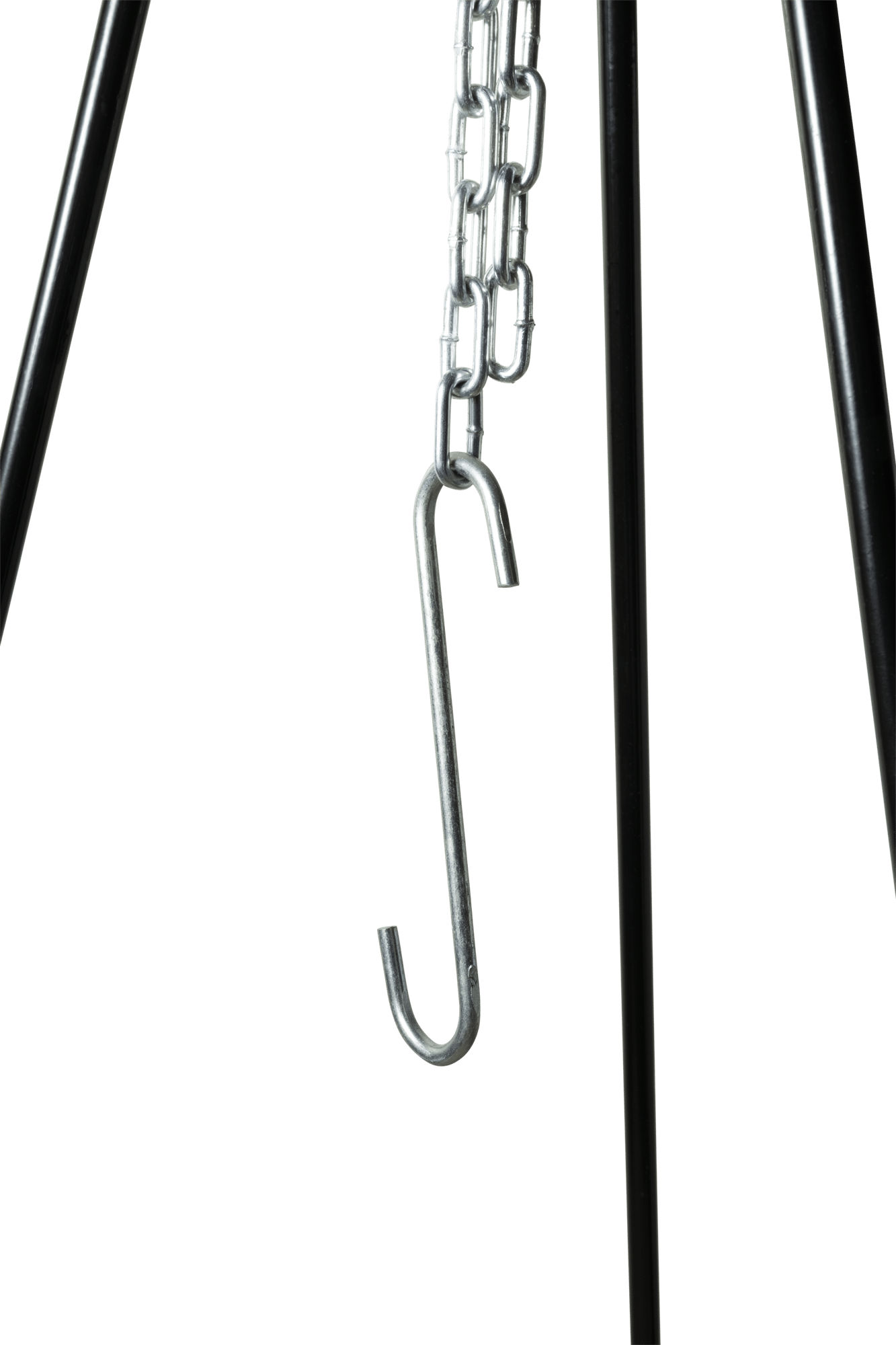 Robustes Dreibein-Stativ aus Stahl für Dutch Oven & Kessel. Höhenverstellbar mit Kette und Haken – ideal für Lagerfeuer & Outdoor Cooking.